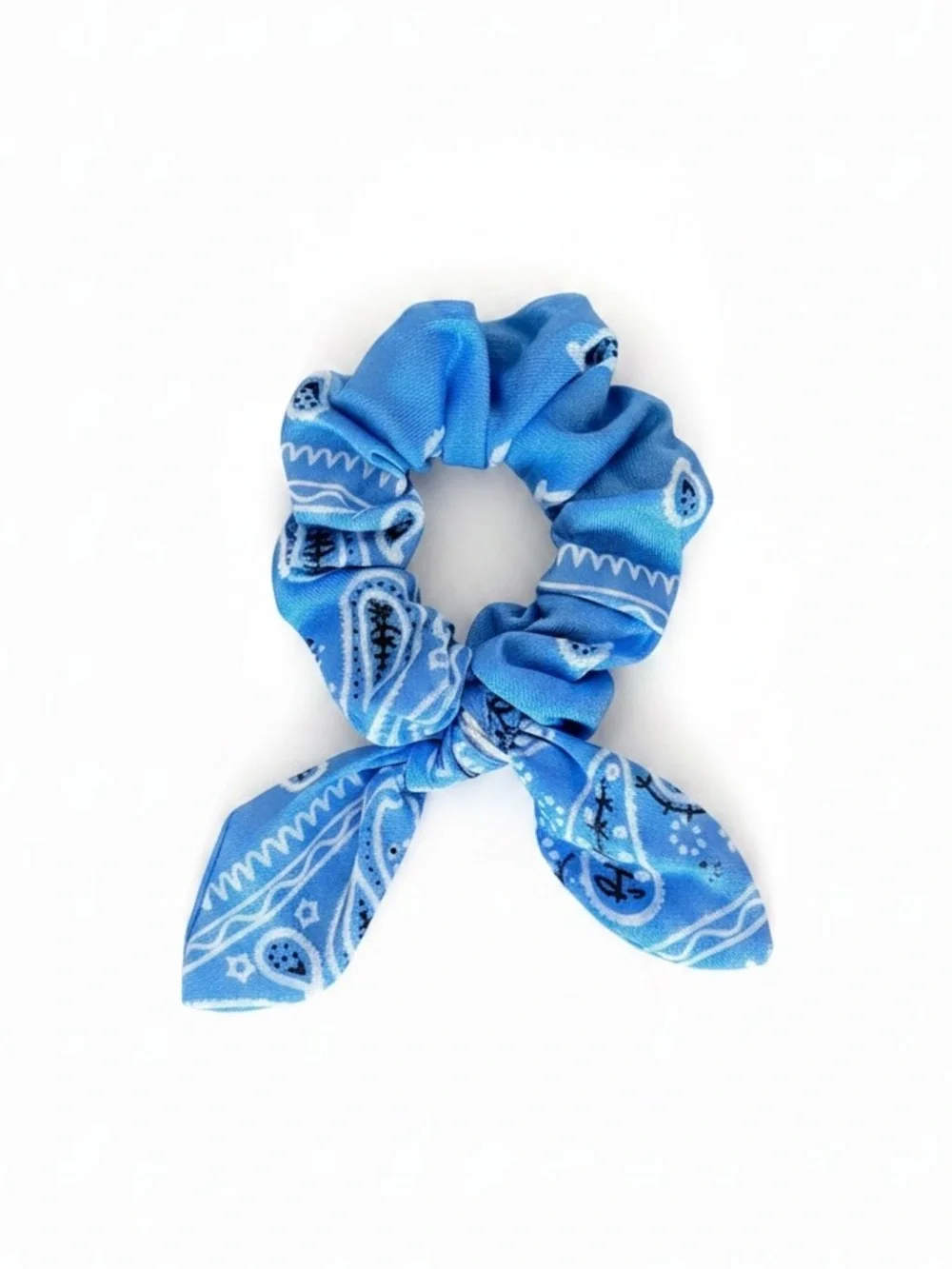 Light Blue Paisley Bandana Floral Flower Western Wired Trailing Ribbon Scrunchie
